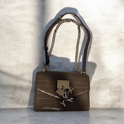 DKNY Brown Crocodile Embossed Shoulder Bag Gold Hardware Padlock Charm