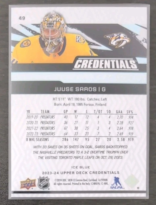 Juuse Saros #49 2023-24 Upper Deck Credentials Ice Blue Nashville Predators - Image 2 of 3