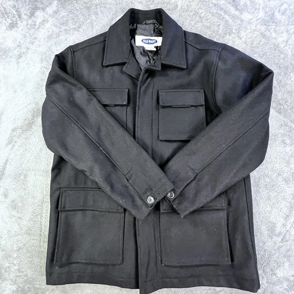 Old Navy Wool Blend Field Jacket Mens Medium Black Quilted Lined Chore Coat - Image 2 of 4