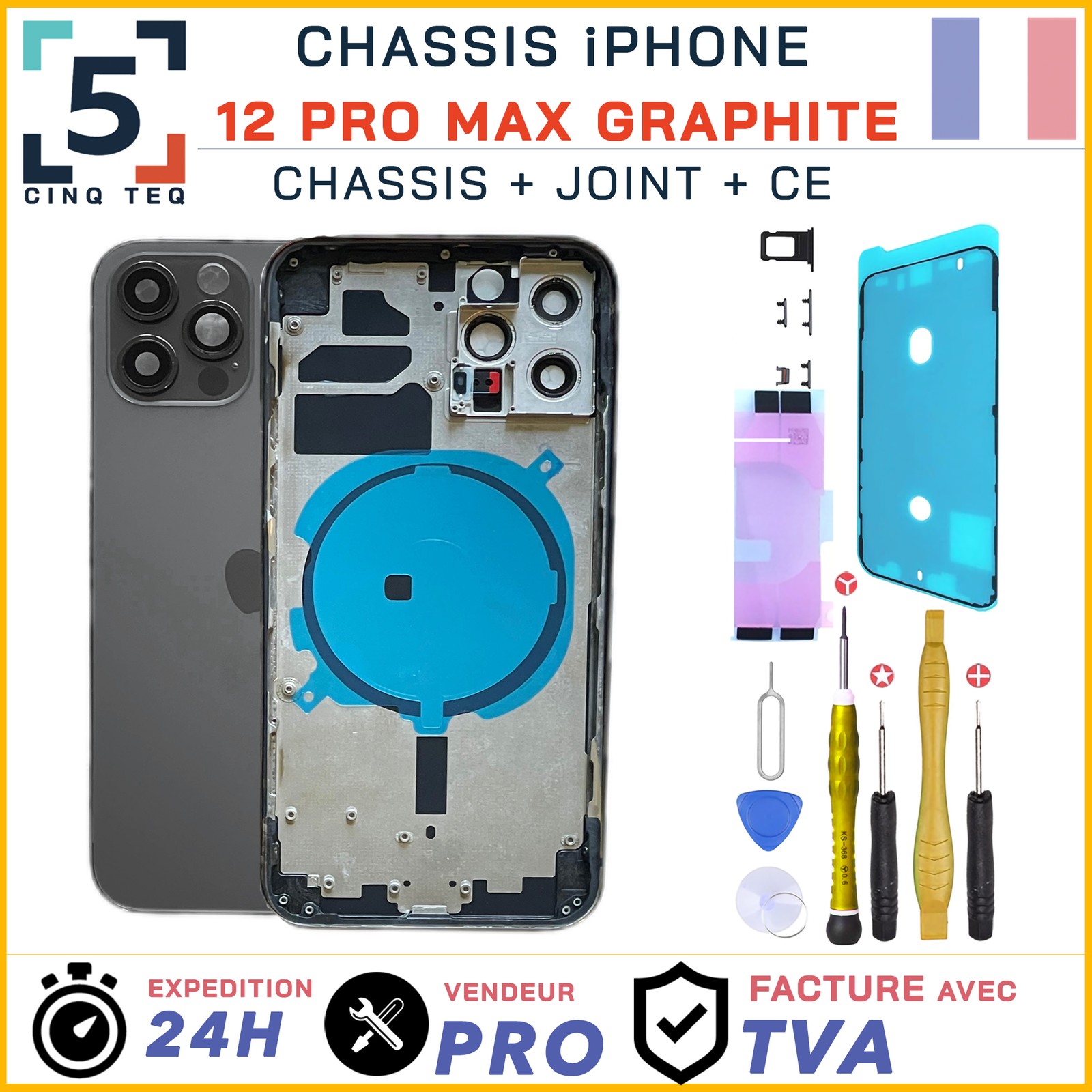 Chassis iPhone 12 Pro Max Noir rayé ou fissuré résolu avec kit de réparation inclus
