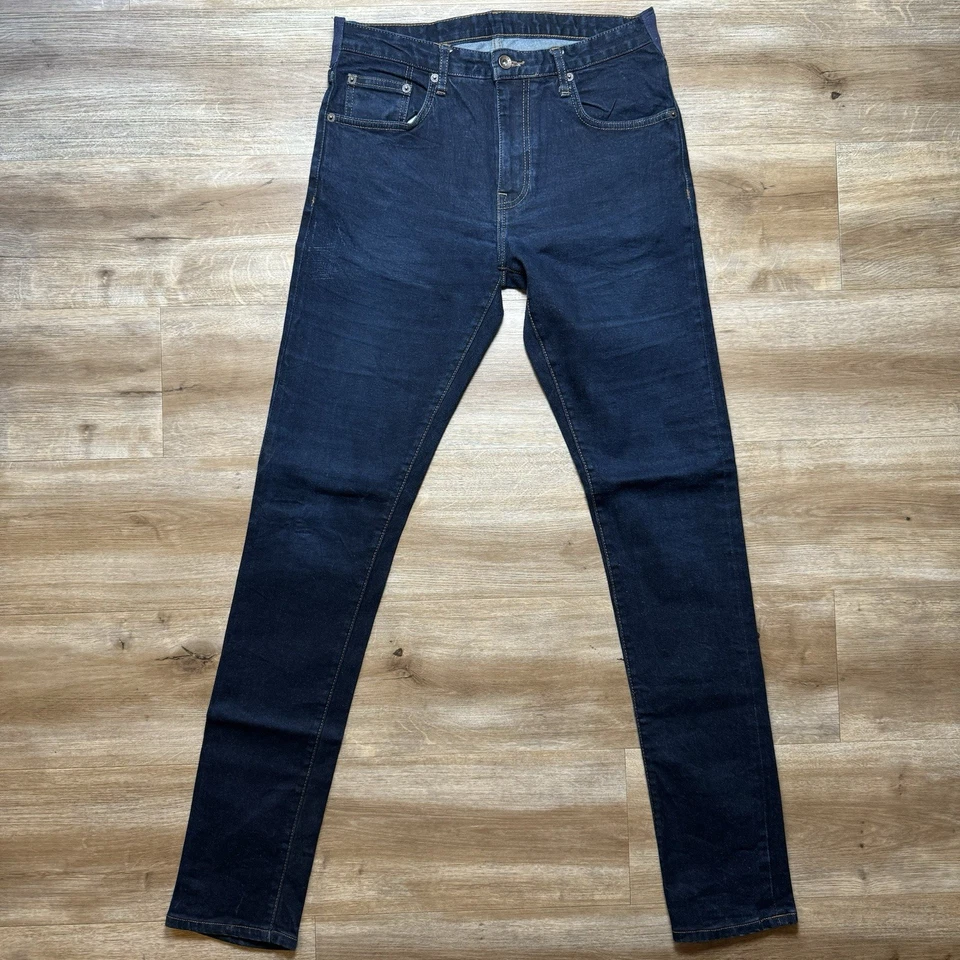 Jeans con ribete para hombre 30x34 azul calce ajustado línea roja japonesa lavado oscuro denim reparado Foto 2 de 4