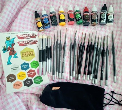 25 Thin NicPro Paint Brushes Set with 10 Warpaints 1oz Bottles Mostly All New