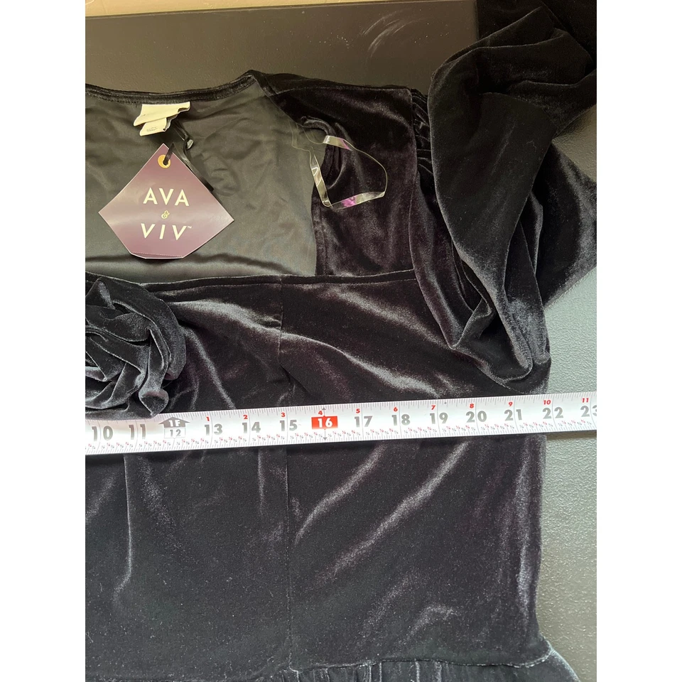 Ava & Viv 连衣裙女式 2X 黑色丝绒及膝玫瑰口袋鸡尾酒新品 — 第 3/4 张图片