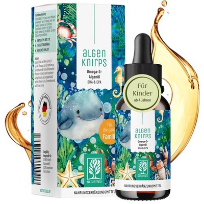 Omega 3 Kinder DHA EPA 50ml vegan Algenöl Tropfen Orange Algenknirps NATURTREU 