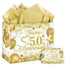 50th Anniversary Paper Gift Bag - White Gold Wedding Wrapping