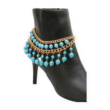 Women Gold Metal Chain Boot Bracelet Shoe Turquoise Blue Playful Style Jewelry