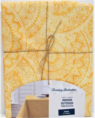 Tommy Bahama Easy Care Indoor Outdoor Fabric Tablecloth Medallion Yellow 60 x 84