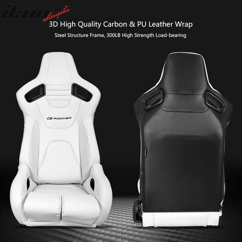 Universal Recline Bucket Racing Seat White PU & Dual Slider Buckle Style Belt x2 — 第 3/4 张图片