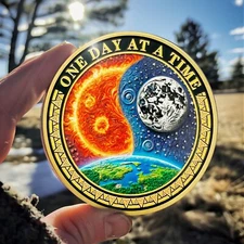 "One Day at a Time" Sobriety Coin  Inspirational Sun & Moon  Recovery AA Token