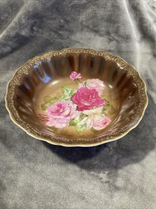 Vintage CT Carl Tielsch Altwasser Hand Painted Roses Bowl pink brown Gold trim
