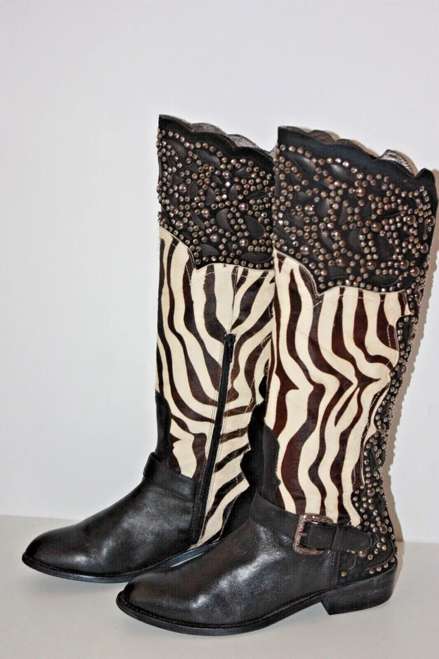 BEVERLY FELDMAN Bottes Cuir Fourrure Rase Zebrée Strass T 38 TBE - Photo 2/4