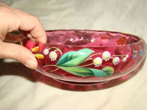 Antique Cranberry Art Glass Thumbprint Dot Bowl Hand Painted Enamel Flowers 7.5" - Picture 1 of 11