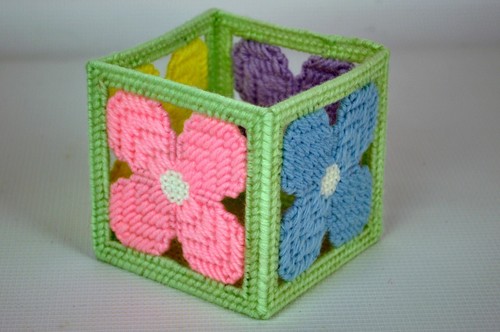 Spring Flowers CANDLE HOLDER Pastel Plastic Canvas Cube COMPLETED - Picture 2 of 4