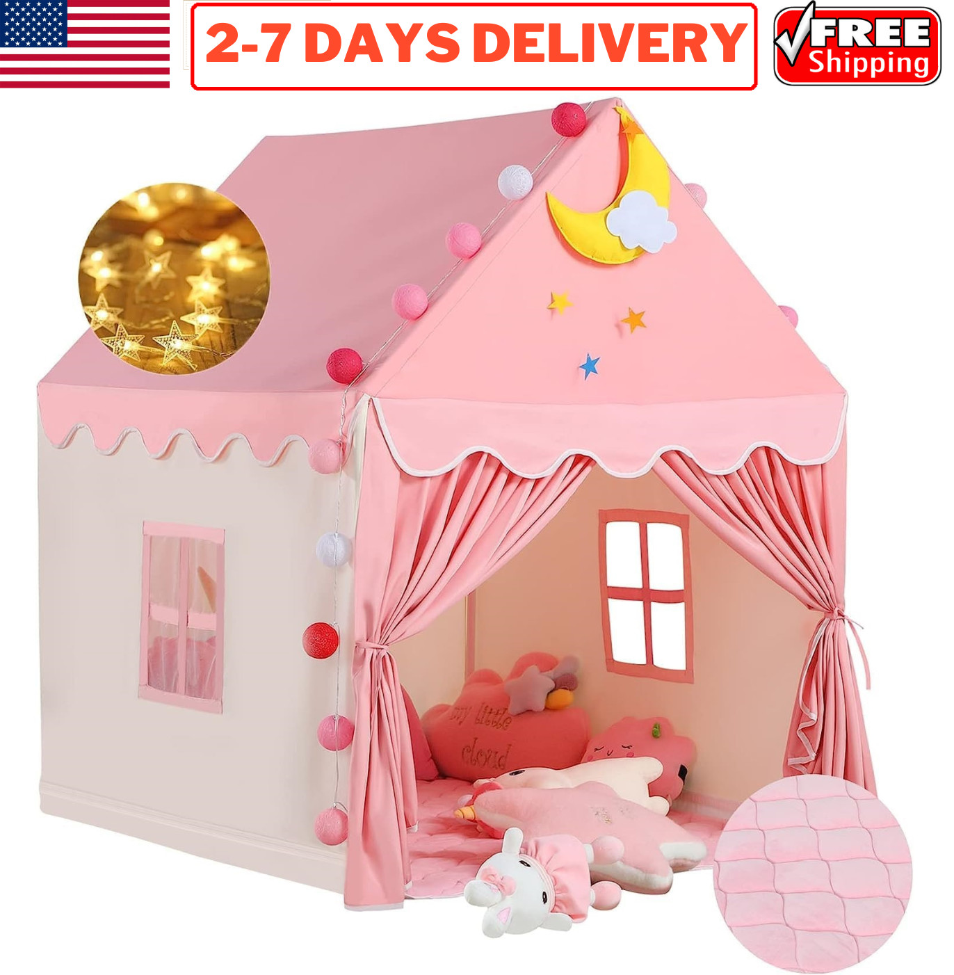 Kids Play Tent with Mat Lights Girl Boy Princes Playhouse In