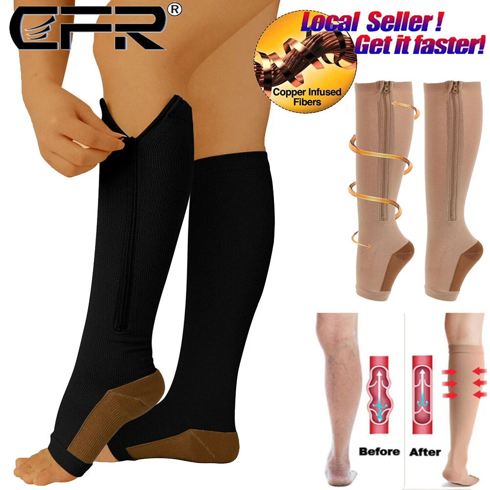 Copper Zipper Compression Socks Support Graduated Stockings Women Mens 20-30mmHg