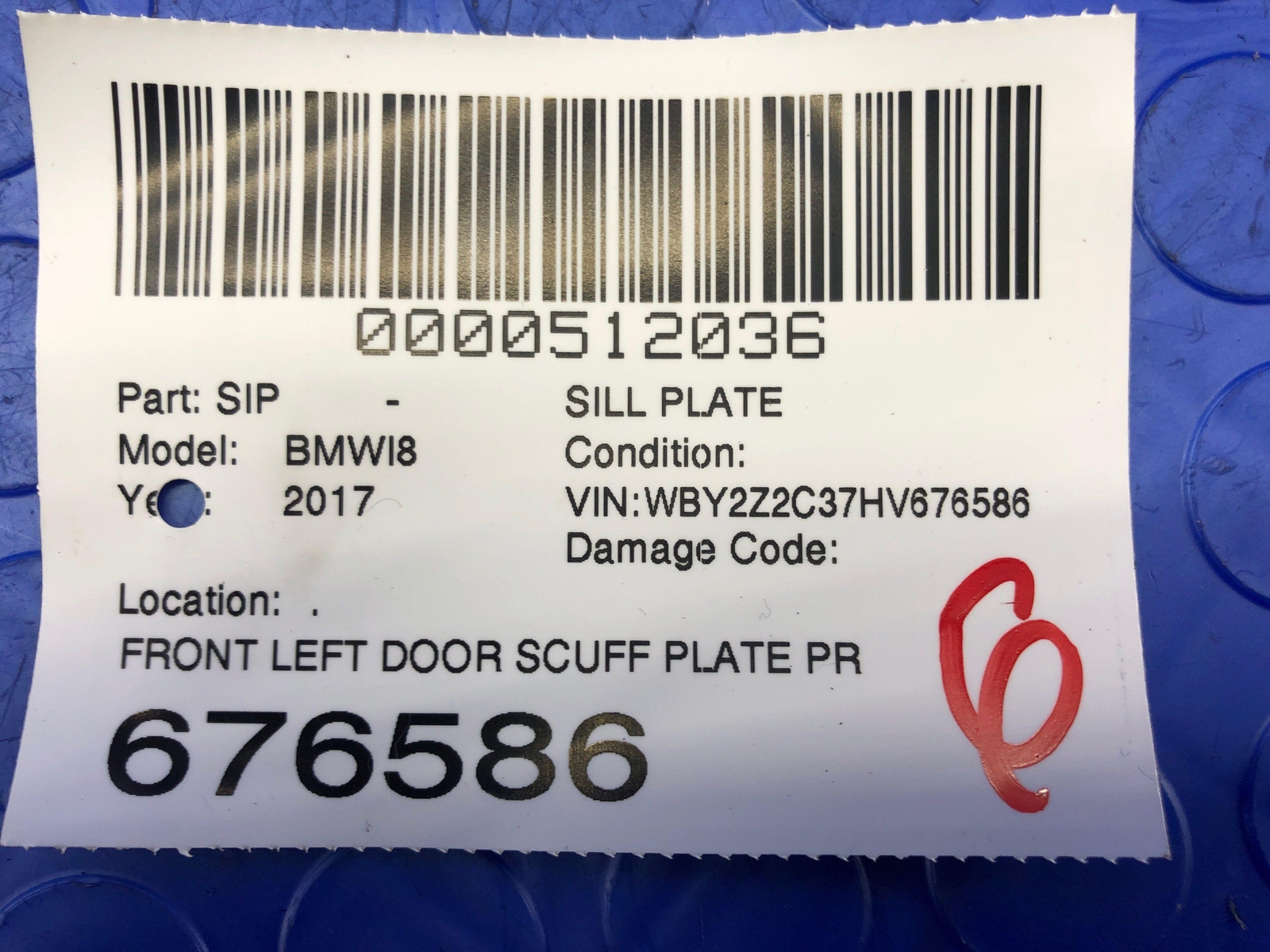 2014-2019 BMW I8 OEM FRONT LEFT DOOR SCUFF PLATE PROTONIC EDITION 7314938