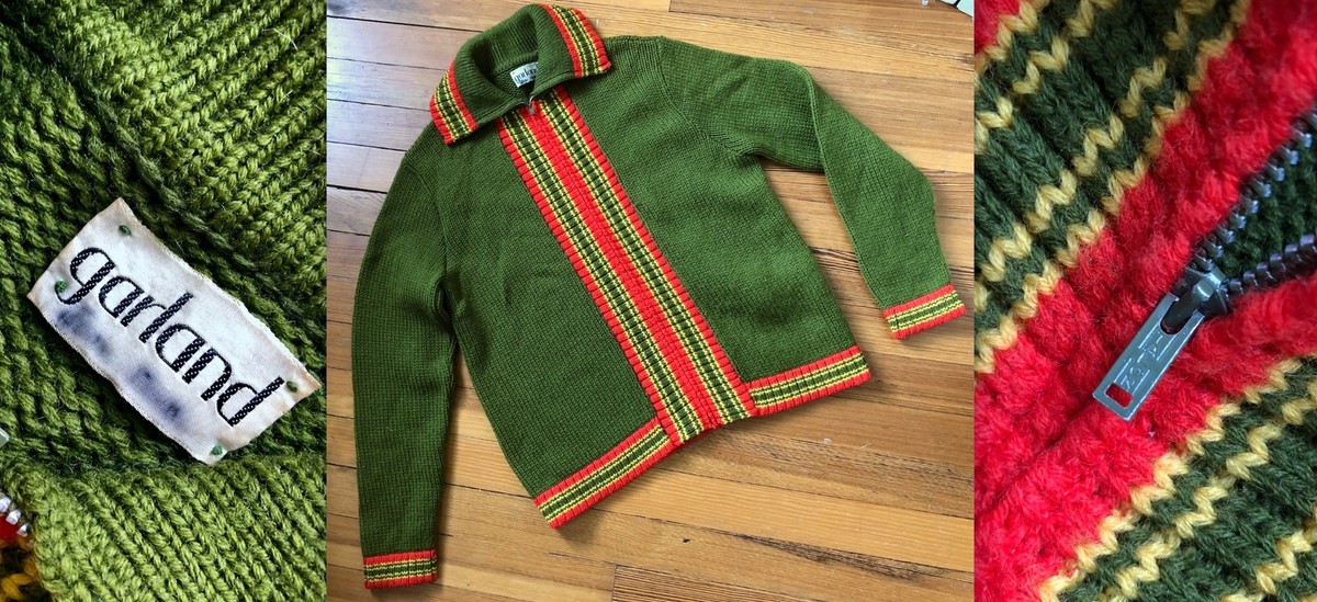 VTG 50s GARLAND CARDIGAN SWEATER GREEN RED YELLOW STRIPE VTG 50s GARLAND CARDIGAN SWEATER GREEN RED YELLOW STRIPE