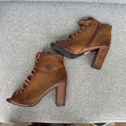 Botín con cordones marrón para mujer punta abierta imitación cuero 9 cremallera lateral - Imagen 4 de 9