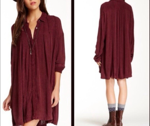 Free People Women's Sz XS Maroon Spin Me Oversized Button Down Shirt Dress $128 - Picture 7 of 7