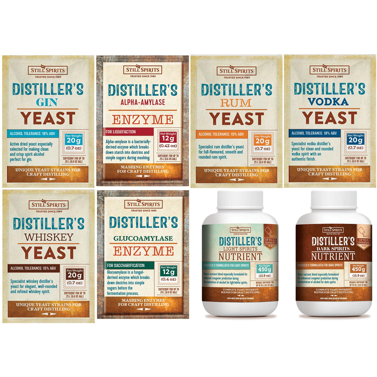 9x Still Spirits Distiller's Range Vodka Gin Whiskey Rum Yeast Nurtrient Enzyme
