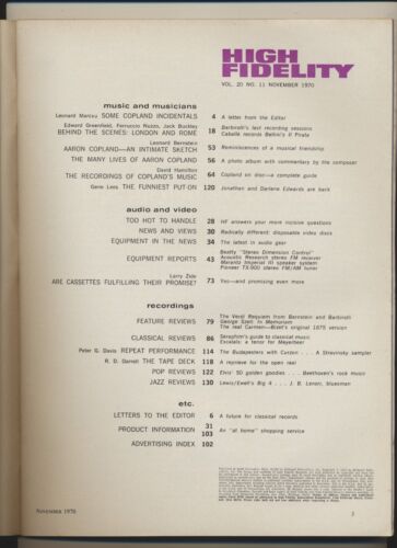 High Fidelity Music Magazine Vol 20 #11 Nov 1970 Copland at 70 Cassettes VTG - Picture 3 of 3