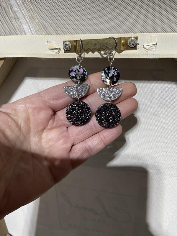 Art Deco Geometric Glitter Drop Earrings Black And Silver Tone Statement Sparkle