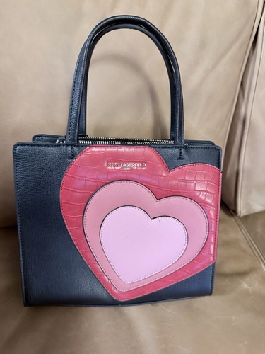 KARL LAGERFELD Maybelle Black Layered Hearts Top Handle Satchel Crossbody Purse