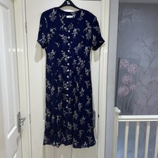 Vintage St Michael’s Navy Blue Floral Button Midi Shirt Dress Belted UK14 Petite