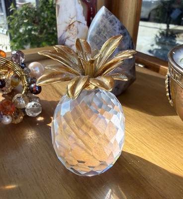 Rare Antique Swarovski Crystal Pineapple with Golden Leaves Collectable Piece