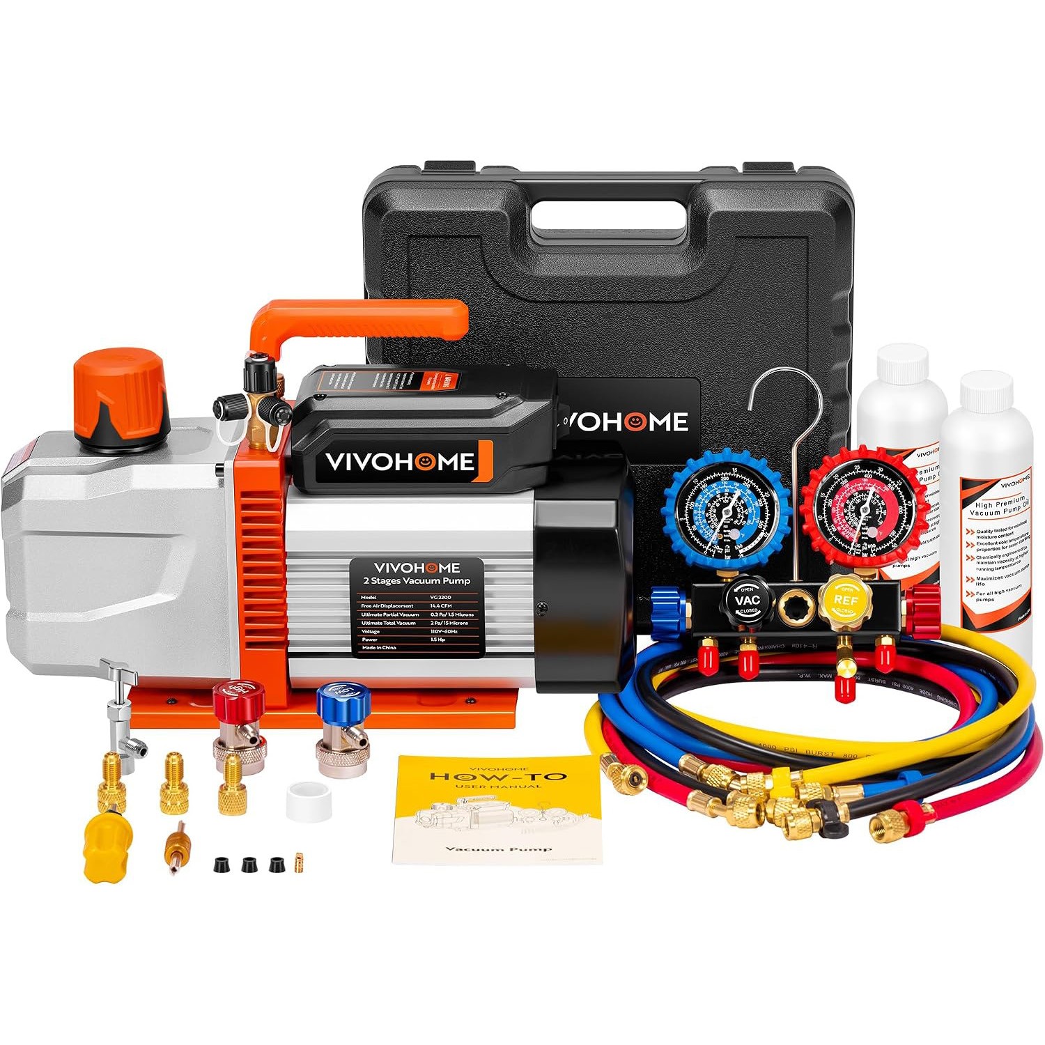 1.5HP 14.4CFM 2Stage HVAC Vacuum Pump & 4 Way Manifold Gauge Set for R134a R410a