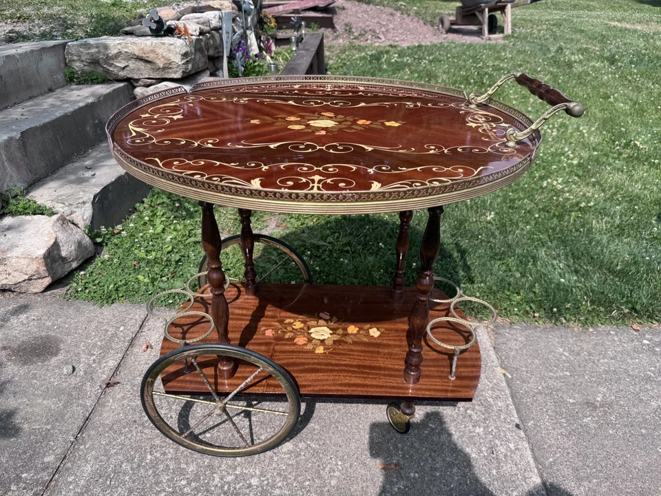 Vtg INLAID Wood MARQUETRY Portable Liquor Bar Coffee Trolly Cart Drop Leaf ITALY - Image 3 of 4