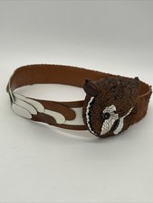 Handmade Owl Head Brown White Leather Belt