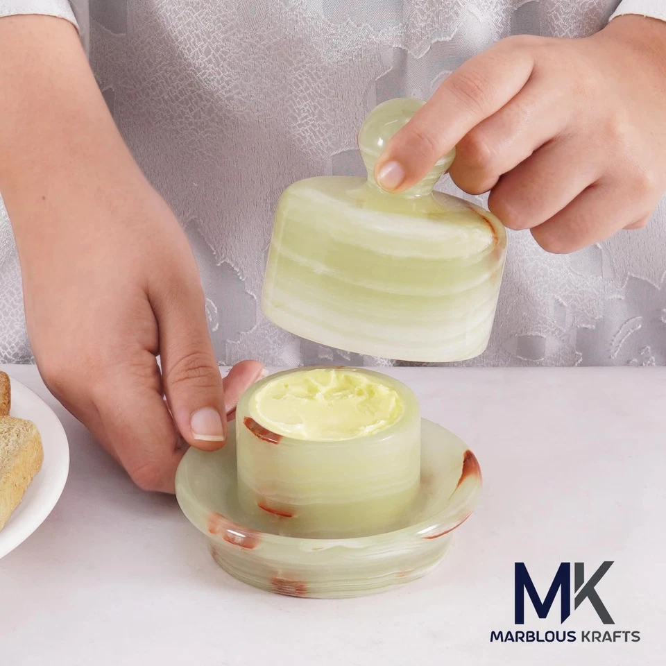 Mini Plato de Mantequilla de Mármol 4 Pulgadas Verde Ónix Mantequilla Vaso con Tapa, Extensible B... Foto 2 de 4
