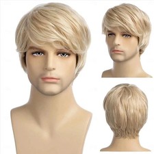 Short Bob Fluffy Curly Pale Blonde Synthetic Hair Wigs Male Natural Wig