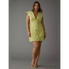 NWT Anthropologie Maeve Scalloped Buttondown Dress V Neck Chartreuse Green Sz L