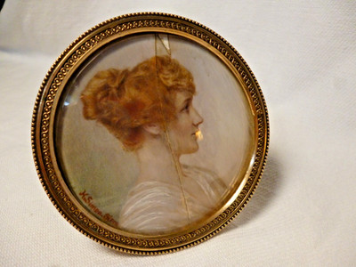 antike Lupenmalerei Porträt junge Dame signiert H. Simon-Giere runder Rahmen