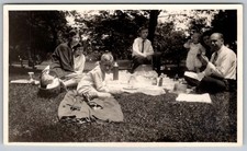 Vtg B&W Snapshot Large Family Group Picnic In Park With Basket And Food 1930s