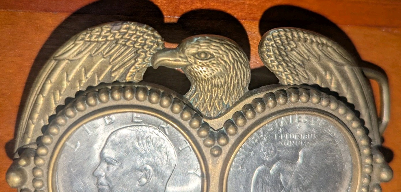 1980 Solid Brass Double Eisenhower Dollar Belt Bu… - image 3