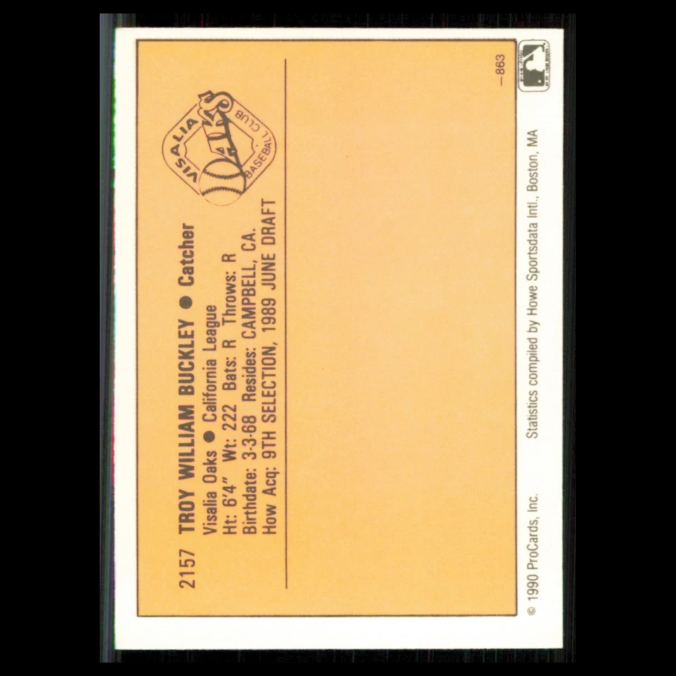 Troy Buckley #2157 1990 ProCards Visalia Oaks Baseball Card MLB NM - Image 2 of 3