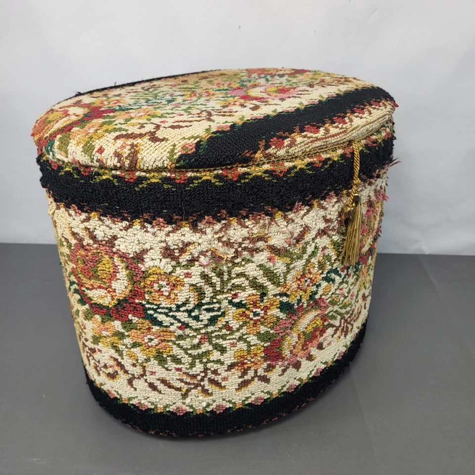 Vintage Storage Ottoman / Footstool Tapestry Floral Theme Sewing Box Handmade  - Image 3 of 4