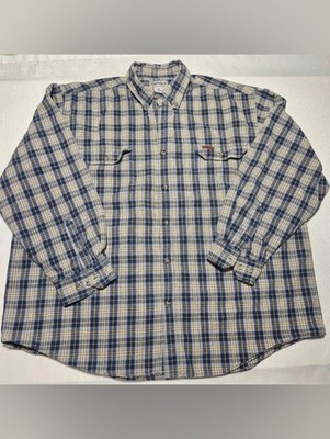 Carhartt Men's Blue and Cream Plaid Long-Sleeve Button-Down Shirt
