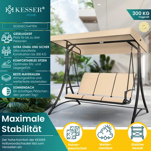 KESSER® Hollywoodschaukel Gartenschaukel mit Sonnendach 3er Schaukelbank 300kg - Bild 27 von 41