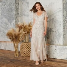 Adrianna papell sequin mermaid style short sleeve dress in biscotti brown color