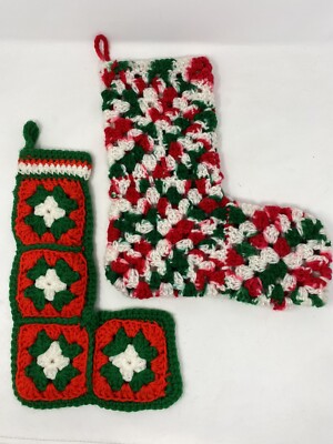 2 Vintage Hand Knit Crochet Granny Square Christmas Stockings Red White Green