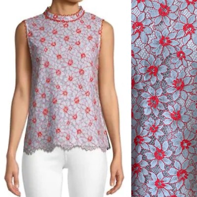 Draper James Sleeveless Floral Lace Blue Red High Neck Top Romantic Dainty 6
