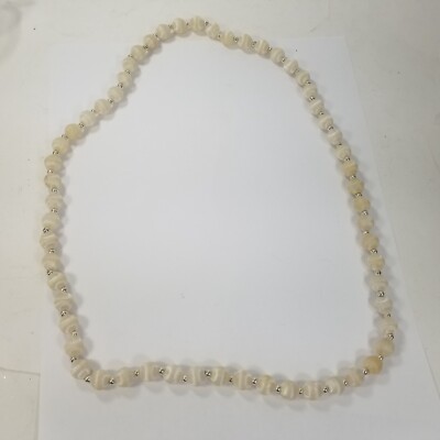 Vintage Silk Satin Thread Beaded Necklace Jewelry Off White Gold Tone Spacers
