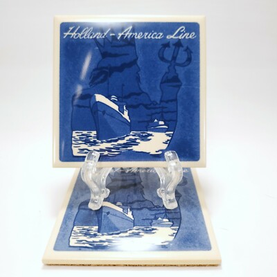 Holland America Poseidon Tile Coasters 4in Set of 2 Blue Delft Glossy Neptune
