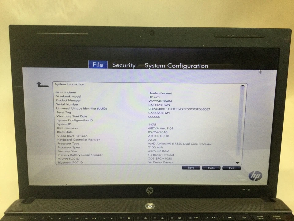HP 425 - AMD ATHLON II P320 - 4GB RAM - BOOTS TO BIOS - READ DESCRIPTION - BB!!! - Image 3 of 4