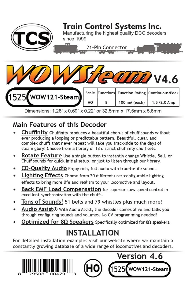 TCS 1525 WOW121-Steam HO Scale MTC 21 Pin WOWSteam  Sound Decoder Version 4.6 - Image 2 of 2