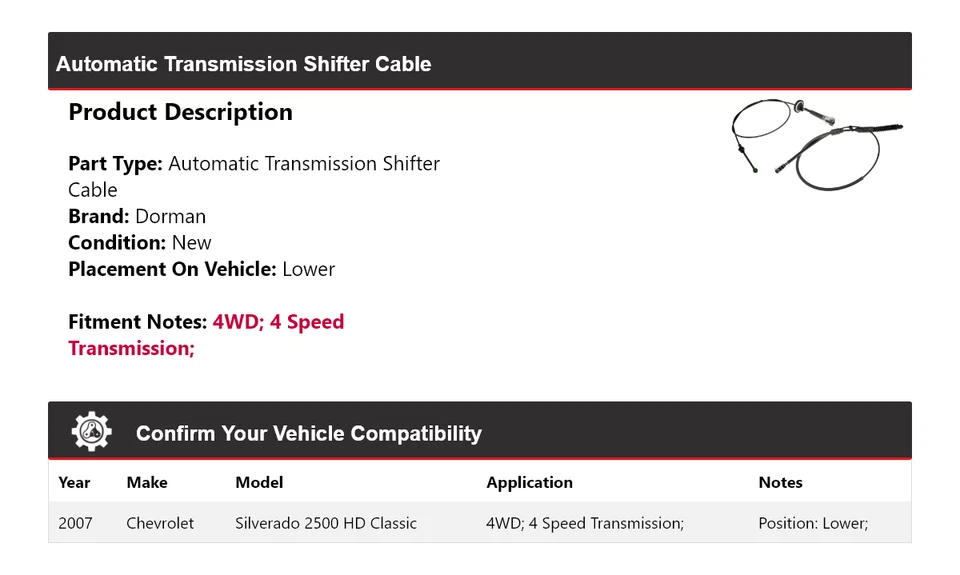 Cable de palanca de cambios inferior Dorman AT clásico 4x4 para Chevrolet Silverado 2500 HD 2007 Foto 2 de 4